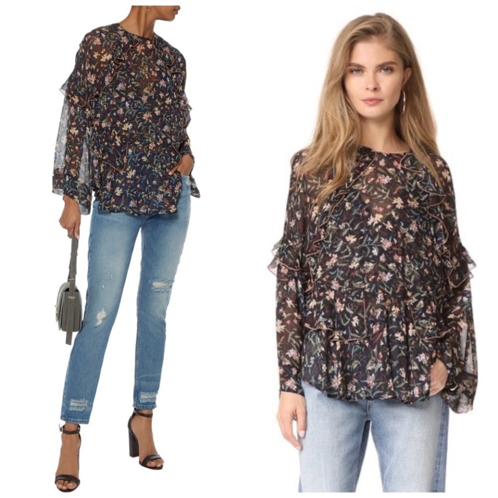 IRO blouse black floral ruffled viscose crepe with camisole EU 38 fits XS S M L